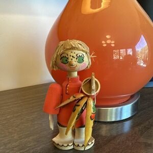 Vintage Russian Beriozka Folk Art Carved Wooden‎ Figurines Boy With Fish USSR